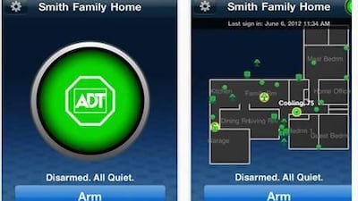 A screen grab shows ADT's home security system smartphone app.