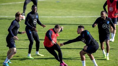England's players training in Prague ahead of their Euro 2020 Group A qualifying soccer match against Bulgaria in Sofia on Monday. EPA