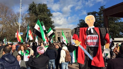 Protesters outside the UN headquarters in Geneva during the talks that began last week. Courtesy Sakhr Al-Makhadhi