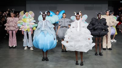 Models walk the runway during the Anrealage Womenswear Spring-Summer 2025 show as part of Paris Fashion Week. Getty Images