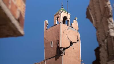 A crack tore across a minaret during the earthquake in Moulay Ibrahim village, near Marrakesh, Morocco. AP Photo