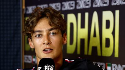 Mercedes' George Russell during the press conference. Reuters