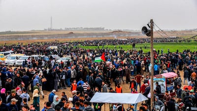 Palestinians gather during a demonstration marking the first anniversary of the "March of Return" protests. AFP