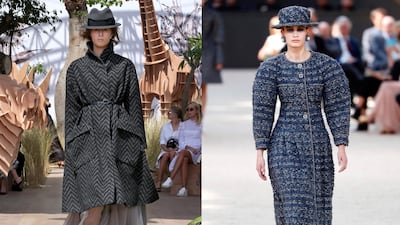 Left, Look 4 from Dior haute couture for autumn/winter 2017. Right, a Chanel autumn/winter 2017 creation during Haute Couture Week in Paris. Courtesy Dior; Patrick Kovarik / AFP