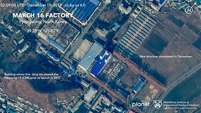 This Dec. 19, 2019, satellite image from Planet Lab Inc., that has been analyzed by experts at the Middlebury Institute of International Studies, shows the March 16 Factory in Pyongsong, near Pyongyang. AP