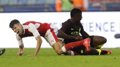 Gabriel of Arsenal injured during a preseason friendly between Arsenal and Manchester City at Ullevi on August 7, 2016 in Gothenburg, Sweden. Nils Petter Nilsson/Getty Images