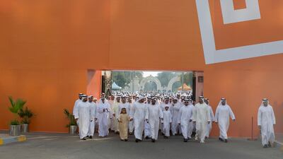 General Sheikh Mohamed bin Zayed Al Nahyan, Crown Prince of Abu Dhabi Deputy Supreme Commander of the UAE Armed Forces (center L), and Sheikh Mohammed bin Rashid Al Maktoum Vice-President Prime Minister of the UAE and Ruler of Dubai (center R) lead a para???