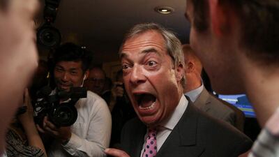 A jubilant Nigel Farage, leader of the United Kingdom Independence Party and a prime mover in the campaign to leave the European Union, celebrates at a referendum party at Millbank Tower in central London on June 24, 2016. Geoff Caddick / AFP