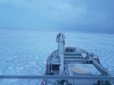 Researchers travel through sea ice in the Atlantic Southern Ocean aboard the S. A. Agulhas II, a South African icebreaking polar supply and research ship in the winter of 2017. Courtesy: Clare Eayrs