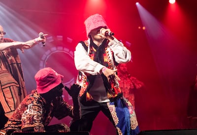 Ukrainian band Kalush Orchestra perform on the Truth Stage in the Shangri-La area of Glastonbury Festival. EPA