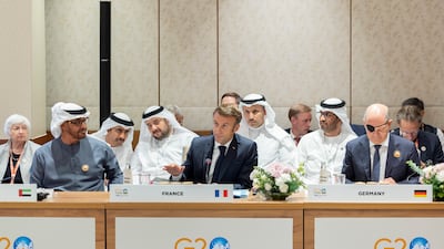 President Sheikh Mohamed, French President Emmanuel Macron (second left) and Germany's Olaf Scholz at the India-Middle East-Europe Economic Corridor launch at the G20 Summit in New Delhi. UAE Presidential Court
