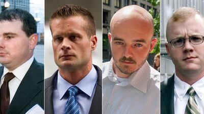 The convicted Blackwater guards, from left, Dustin Heard, Evan Liberty and Nicholas Slatten. Slatten was jailed for life for his part in the 2007 massacre of Iraqi civilians in a busy Baghdad square. Three other men were each sentenced to 30 years in prison. AP Photo