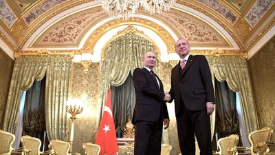 Russian President Vladimir Putin, left, withTurkish President Recep Tayyip Erdogan in the Kremlin. Alexei Nikolsky / Kremlin Pool Photo via AP