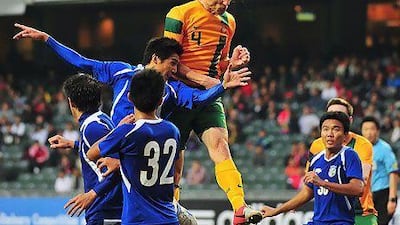Australia's Dino Djulbic, centre, earned his first international call-up last month for the East Asian Cup qualifiers in Hong Kong. Gareth Gay / Getty Images