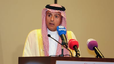 Saudi foreign minister Adel Al Jubeir addreses a press conference in Manama on July 30, 2017 after a meeting of the four countries boycotting Qatar to decide their next steps. Hamad I Mohammed / Reuters