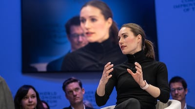 Finland's Prime Minister Sanna Marin speaks at the World Economic Forum in Davos on Tuesday. AFP