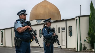 Armed police guard Al Noor mosque in Christchurch in 2019. Getty Images