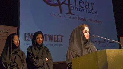 Hanan Huwair, one of the co-founders of Emiratweet, speaks at the first anniversery of the site as the other co-founders Heba al Samt, left, and Ayesha Al Janahi, right, listen.