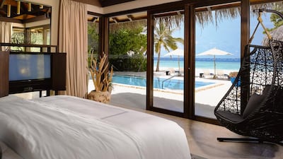 The bedroom of the deluxe beach pool villa at Velaa Private Island in the Maldives. Courtesy: Velaa Private Island