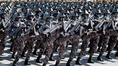 Soldiers march in a parade for the 70th anniversary of North Korea's founding day in Pyongyang. AP
