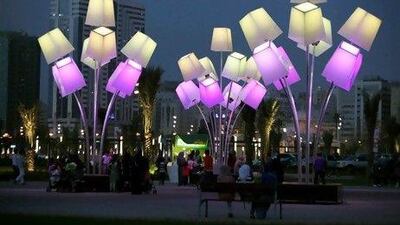 Lampshade Installation at Al Majaz waterfront park and Al Majaz Masjid during the first night of Sharjah Light Festival in Sharjah.