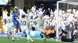LONDON, ENGLAND - APRIL 12: Erling Haaland of Manchester City celebrates his side's first goal scored by Nico O'Reilly of Manchester City during the Premier League match between Chelsea and Manchester City at Stamford Bridge on April 12, 2026 in London, England. (Photo by Ryan Pierse / Getty Images)