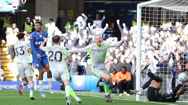 LONDON, ENGLAND - APRIL 12: Erling Haaland of Manchester City celebrates his side's first goal scored by Nico O'Reilly of Manchester City during the Premier League match between Chelsea and Manchester City at Stamford Bridge on April 12, 2026 in London, England. (Photo by Ryan Pierse / Getty Images)