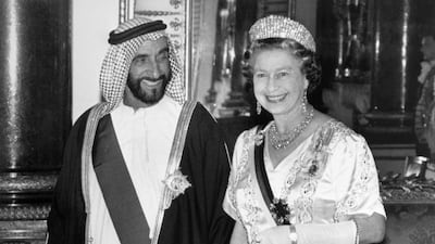 Sheikh Zayed with Queen Elizabeth in the Music Room at Buckingham Palace. Getty Images