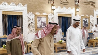 Sheikh Mohamed bin Zayed, Crown Prince of Abu Dhabi and Deputy Supreme Commander of the UAE Armed Forces meets with King Salman at Al Auja Palace in Riyadh.