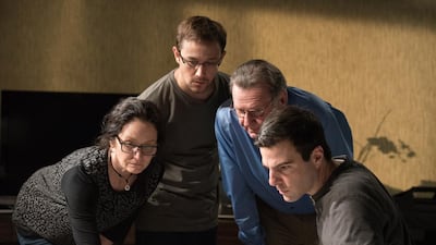 From left, Melissa Leo as documentary filmmaker Laura Poitras, Joseph Gordon-Levitt as former CIA employee and NSA whistleblower Edward Snowden, Tom Wilkinson as journalist Ewen MacAskill and Zachary Quinto as lawyer and journalist Glenn Greenwald, in Snowden. Courtesy Jürgen Olczyk.