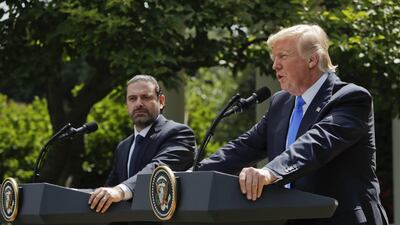 U.S. President Donald Trump gives a joint press conference with Lebanese Prime Minister Saad Hariri at the White House