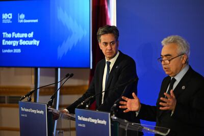 British Energy Secretary Ed Miliband, left, and IEA executive director Fatih Birol at the Future of Energy Security summit in London. EPA