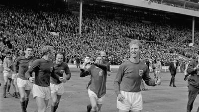 From left: England players Gordon Banks, Alan Ball, Martin Peters, Bobby Moore, George Cohen, Ray Wilson, Bobby Charlton, and Jack Charlton after their win in the 1966 World Cup final at Wembley. PA