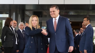 Libya's Tripoli-based Prime Minister Abdul Hamid Dbeibeh welcomes Italy's Prime Minister Giorgia Meloni. AFP