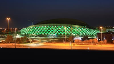 Hazza Bin Zayed Stadium is light up with green lights to celebrate Saudi National Day. Wam