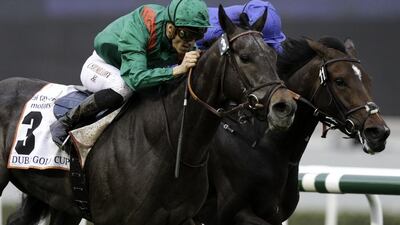 Christophe Soumillion atop Vazirabad races to victory in the Dubai Gold Cup. Christopher Pike / The National