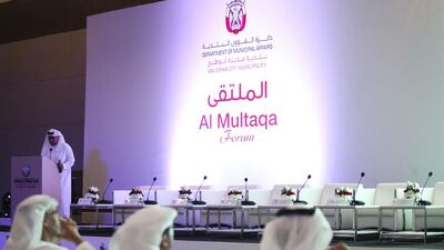 Abdullah Nasir Al Junaibi, director of community services, Abu Dhabi City Municipality, speaks at the Al Multaqa forum. The municipality organised the event to update the public on its ongoing projects in the city and also give residents and local business owners the chance to air their views. Lee Hoagland / The National