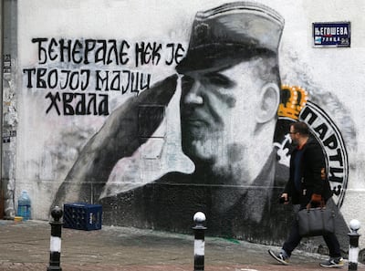 A mural depicting Ratko Mladic in Belgrade in 2021. EPA