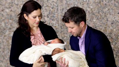 Crown Prince Frederik presents their newborn twins to the media at the Rigshospitalet, in Copenhagen, in 2011. AP