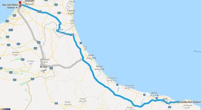 There are three stops in Dubai and 11 stops in Muscat. The map shows the journey from the UAE's Abu Hail Metro Station to Azaiba Bus Station in Oman.