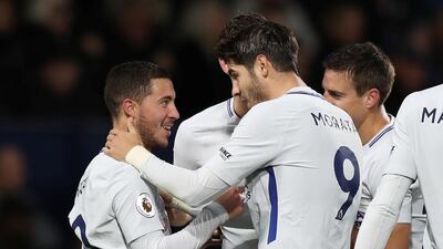 Eden Hazard, left, and Alvaro Morata, centre, have had a lot to celebrate for Chelsea and they will expect to do more of it on Saturday against Stoke City. Peter Cziborra / Action Images via Reuters