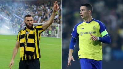 Karim Benzema will take on former Real Madrid teammate Cristiano Ronaldo when Al Ittihad and Al Nassr clash in December. EPA, Getty Images