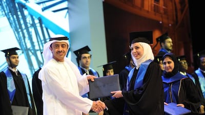Sheikh Abdullah bin Zayed, Minister of Foreign Affairs, attends the graduation ceremony of the Masdar Institute of Science and Technology’s class of 2015. More than 100 graduates received their diplomas. Courtesy Masdar