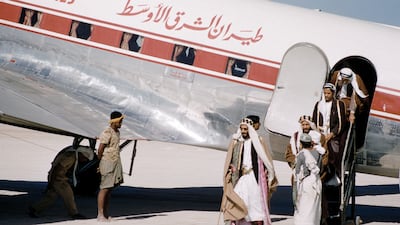 Sheikh Shakhbout, Ruler of Abu Dhabi, descends from a Middle East Airlines flight on his arrival to Abu Dhabi Airport from their trip to London and Paris, July, 1961. Photo: Dr Alan Horan © UAE National Library and Archives