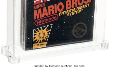 The front of an unopened copy of a vintage 'Super Mario Bros' videogame that sold for $114,000 at auction. AP