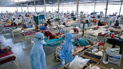 Medical equipment, including syringes, masks, protective gear, food and oxygen concentrators reaches facilities in Atladara, in western India after contributions from people in the UAE, UK and Europe to a call from the Abu Dhabi temple authorities for Covid-19 relief in India. Courtesy: Baps Hindu Mandir, Abu Dhabi