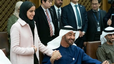 SEOUL, REPUBLIC OF KOREA (SOUTH KOREA) - February 26, 2019: HH Sheikh Mohamed bin Zayed Al Nahyan, Crown Prince of Abu Dhabi and Deputy Supreme Commander of the UAE Armed Forces (C), attends a meeting with HE Moon Hee-sang, Speaker of the National Assembly (not shown), at the National Assembly Building of the Republic of Korea (South Korea). Seen with HH Sheikha Hassa bint Mohamed bin Hamad bin Tahnoon Al Nahyan (L) and HE Suhail bin Mohamed Faraj Faris Al Mazrouei, UAE Minister of Energy (R). ( Hamad Al Mansoori / Ministry of Presidential Affairs ) ---