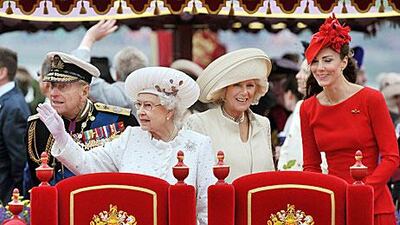 From left, Prince Philip, the Duke of Edinburgh, Queen Elizabeth II, Camilla, the Duchess of Cornwall, and Catherine, the Duchess of Cambridge onboard the Spirit of Chartwell yesterday.