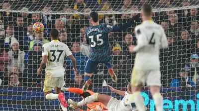 Arsenal's Gabriel Martinelli scores his side's second goal. AP