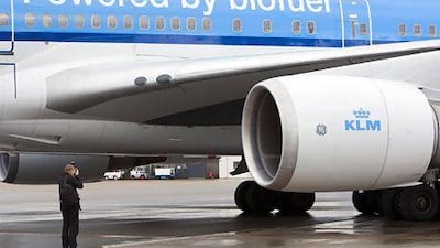 This KLM 747, pictured at Schiphol airport, near Amsterdam, has one of its four engines powered by a 50 per cent biokerosene mix. Lex Van Lieshout / AFP